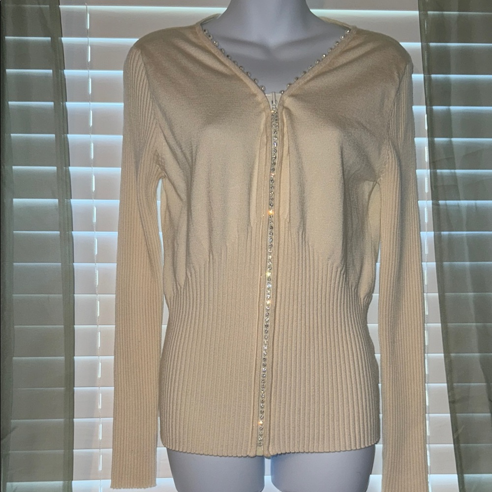 Gorgeous Belldini cream color rhinestone zip up sweater size large